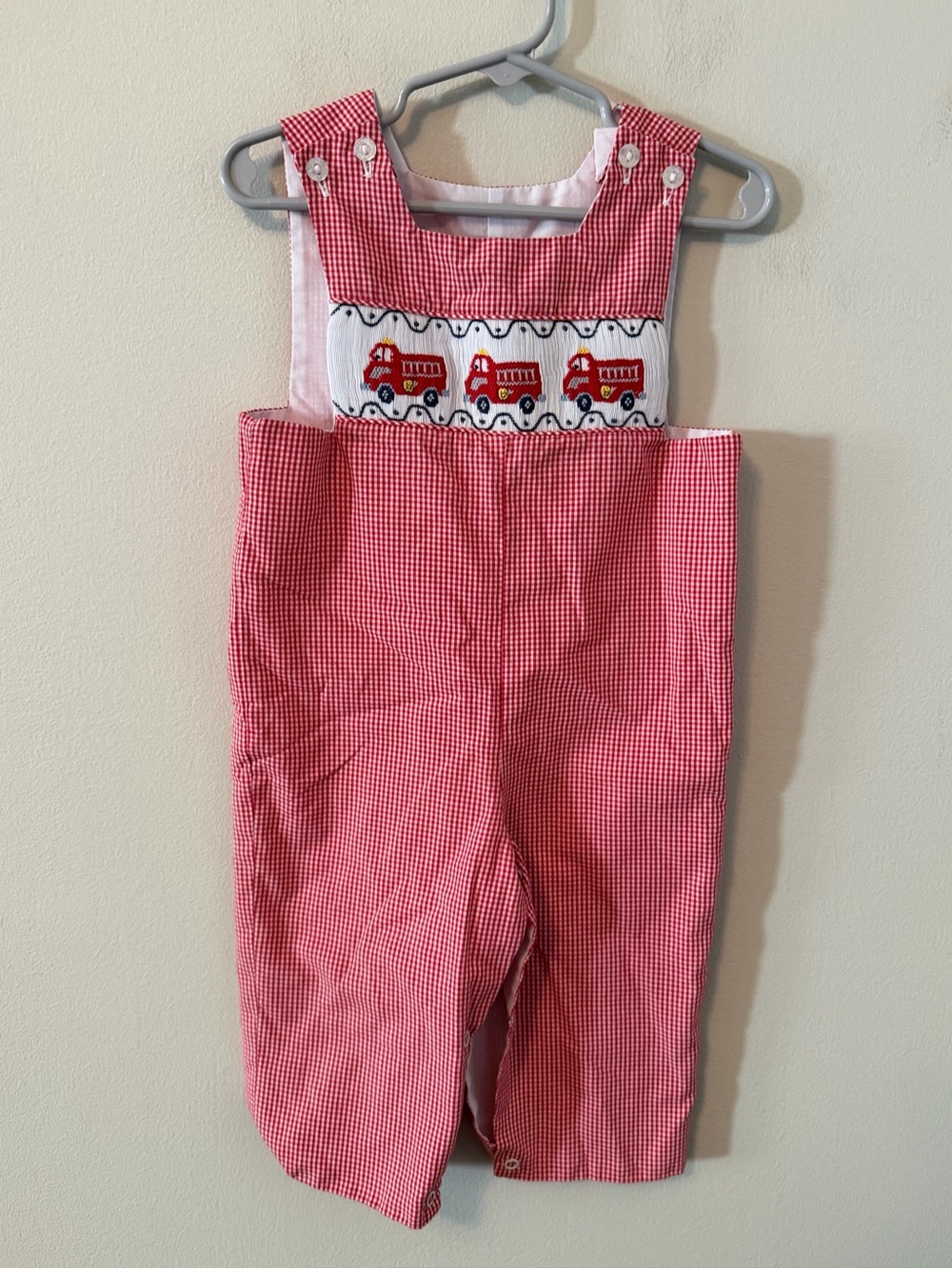 Little English Red Gingham Smocked Fire Truck Longalls